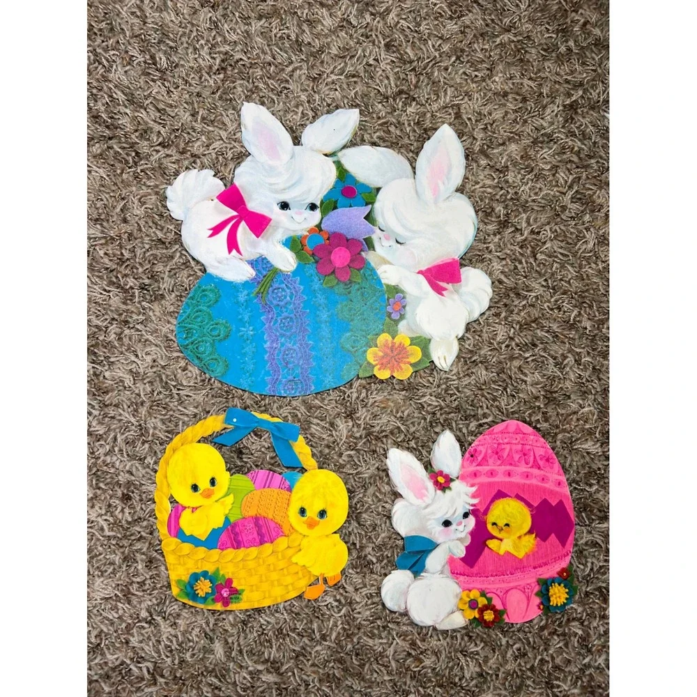 Vintage Hallmark Easter Die Cut Decorations Bunnies Chicks Felt Set of 3 USA